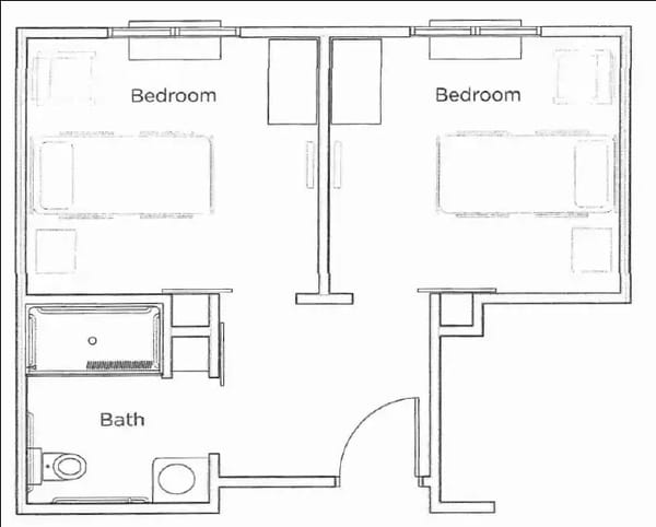 Architectural floor plan showing two bedrooms and a bath