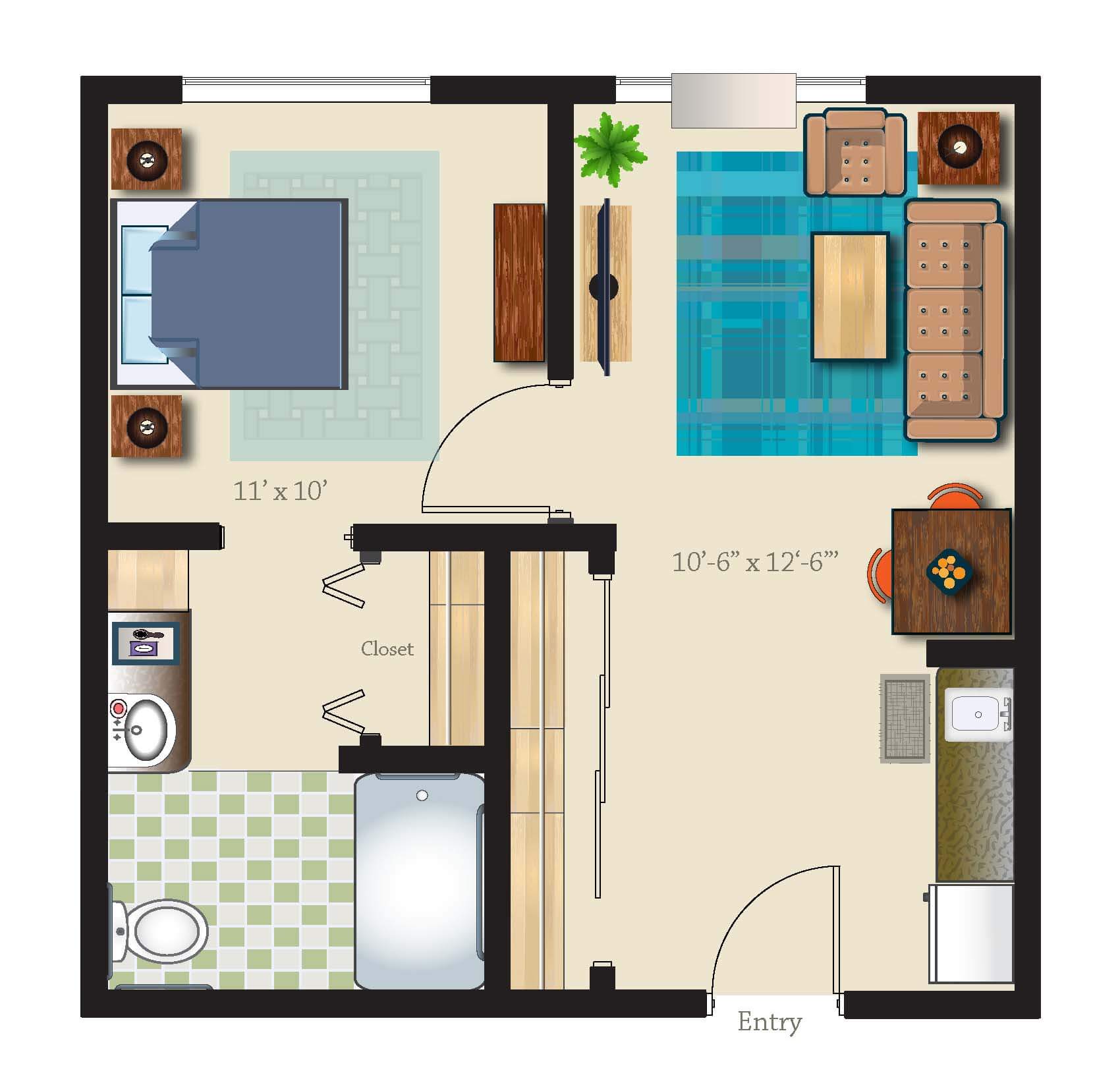 One Bed One Bath 484 Sq. Ft. Assisted Suite