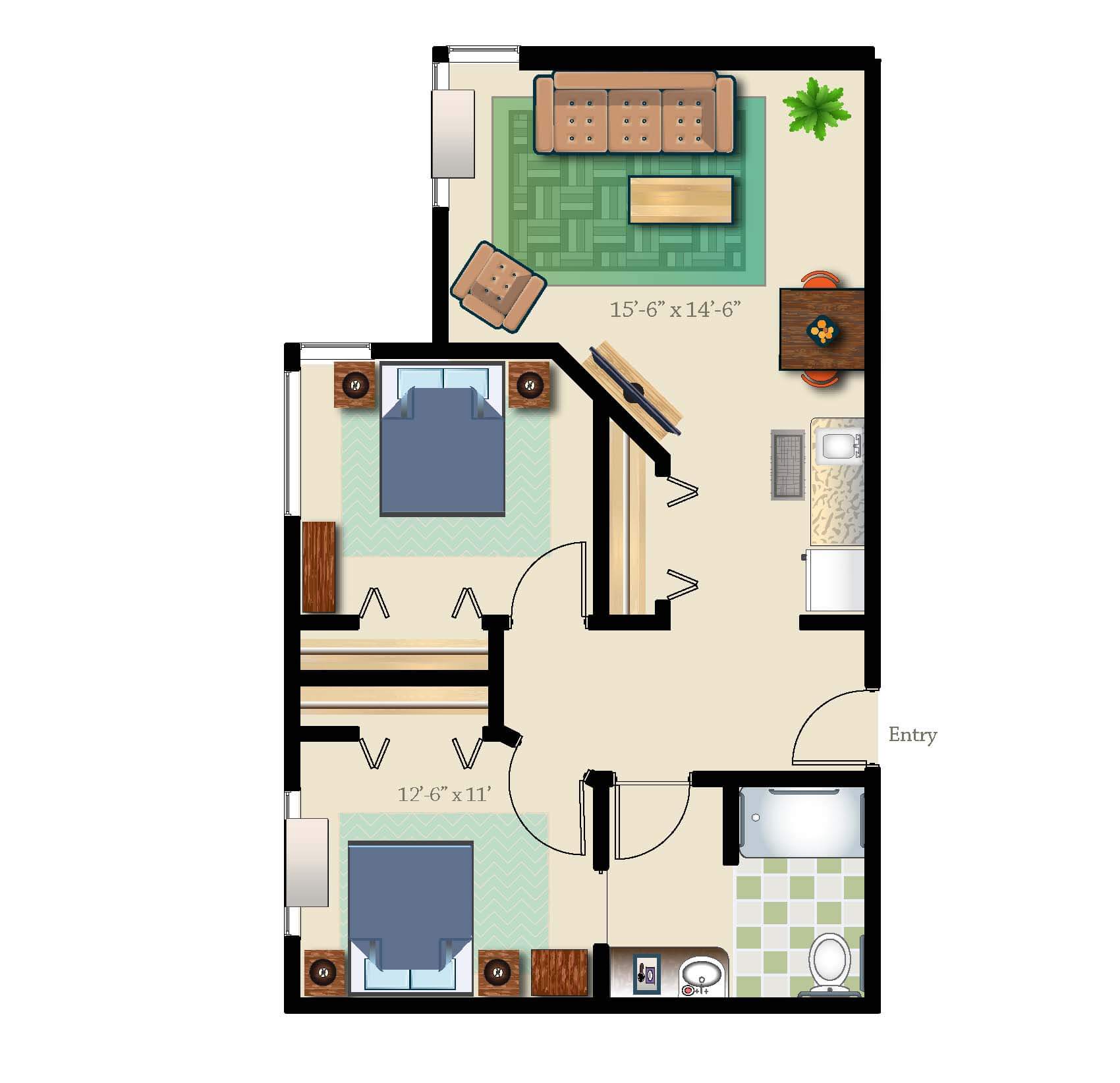 Two Bed One Bath 855 Sq. Ft. Assisted Suite