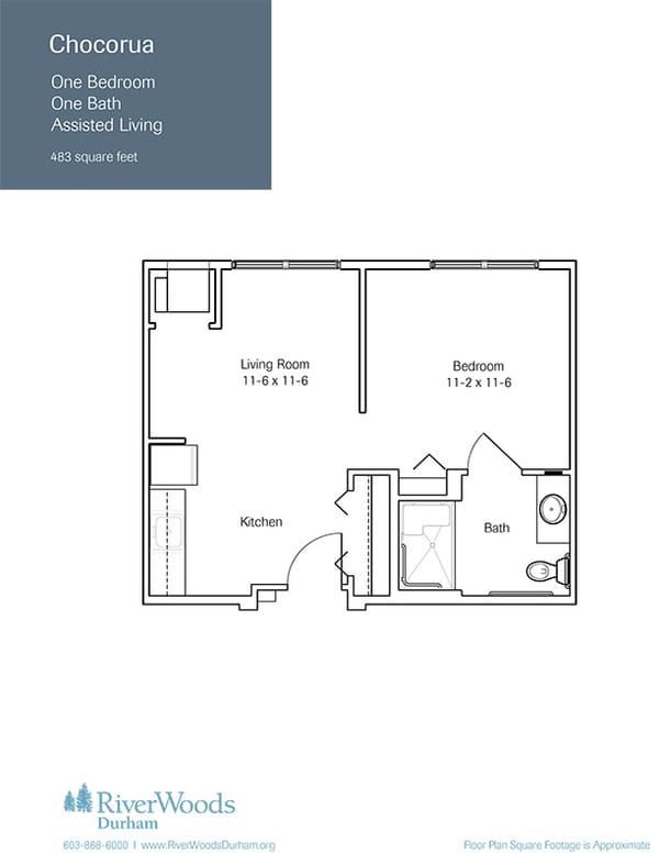 Architectural floor plan of a one-bedroom assisted living unit