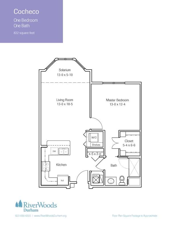 Architectural floor plan of a one-bedroom unit