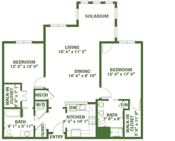 Architectural floor plan of a two-bedroom unit