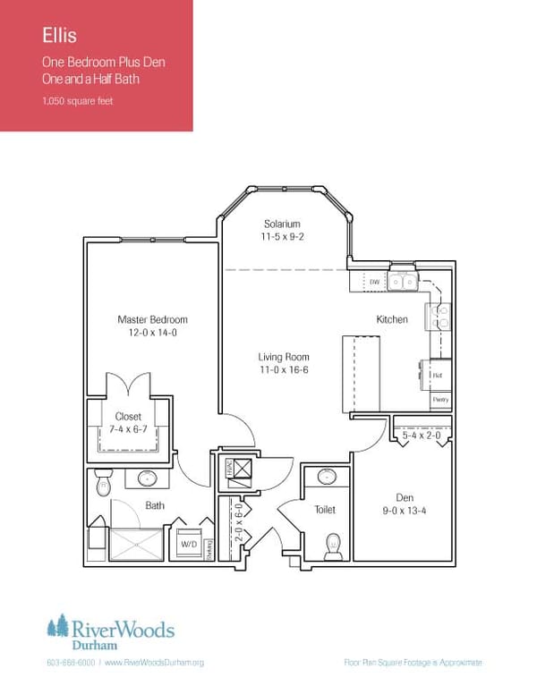 Architectural floor plan of a one-bedroom unit