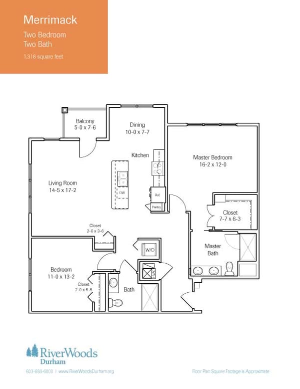 Architectural floor plan of a two-bedroom unit