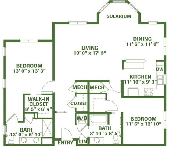 Architectural floor plan of a senior living unit