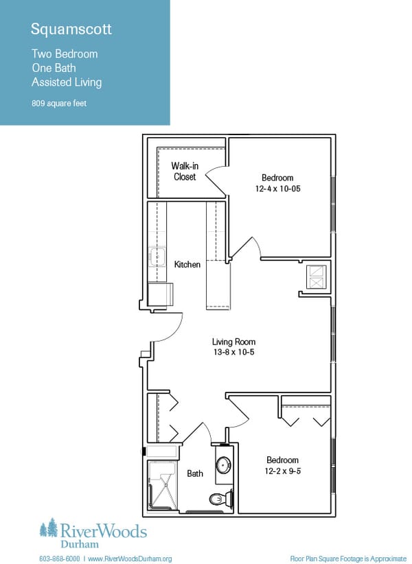 Architectural floor plan of a two-bedroom assisted living unit