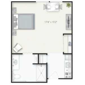 A welcoming layout featuring a spacious bedroom, kitchenette, and comfortable li