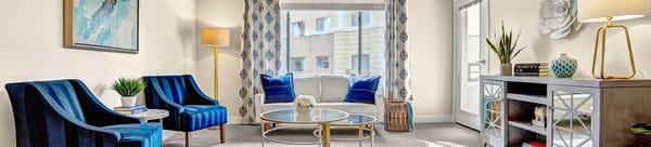 Cozy living room area with blue accents