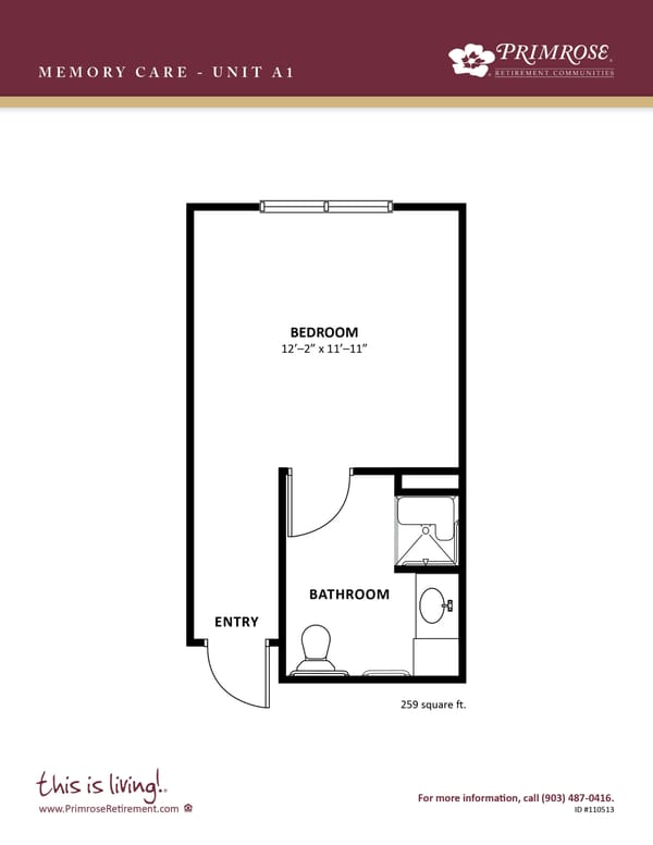 Primrose of Tyler floor plan for the one bedroom, one bath apartment with 259 sq