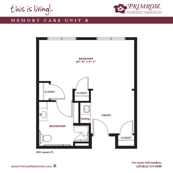 Primrose of Newburgh floor plan for the one bedroom, one bath memory care apartm