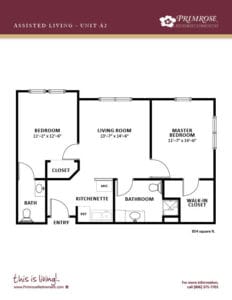 Primrose of Lubbock floor plan for the two bedroom, one and a half bath apartmen