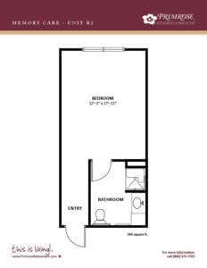 Primrose of Lubbock floor plan for the one bedroom, one bath memory care apartme