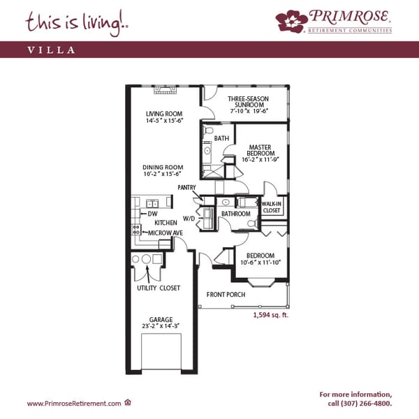 Primrose of Casper floor plan for the two bedroom two bath Townhome Villa with 1