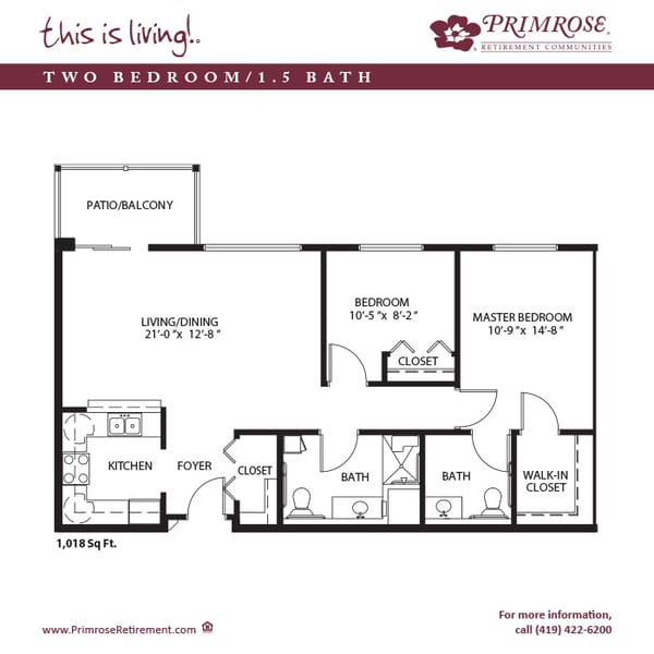 Primrose of Findlay floor plan for the two bedroom, one and a half bath apartmen