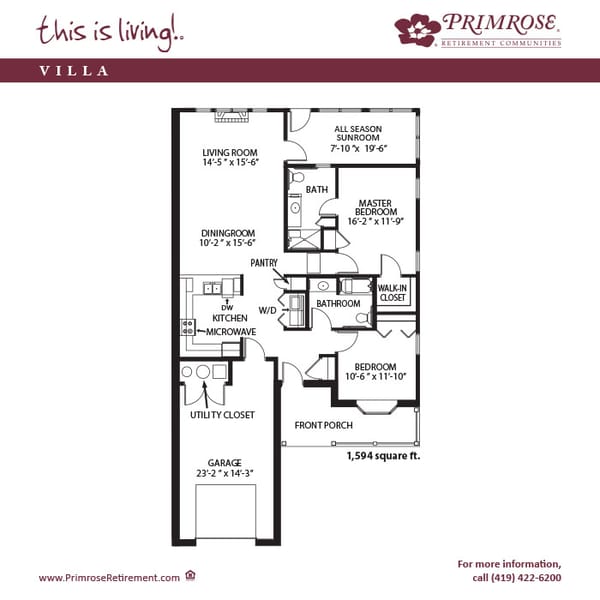 Primrose of Findlay floor plan for the two bedroom two bath Townhome Villa with 