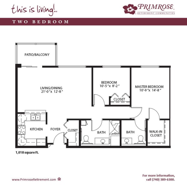 Primrose of Marion floor plan for the two bedroom, one and a half bath apartment