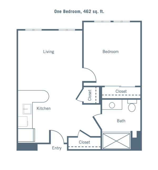 Floor plan of a one-bedroom, 462 sq. ft. apartment with living area, kitchen, ba