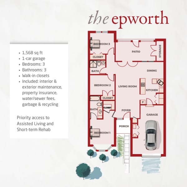 Floor plan for The Epworth home at Wesley Manor Independent Living, featuring th