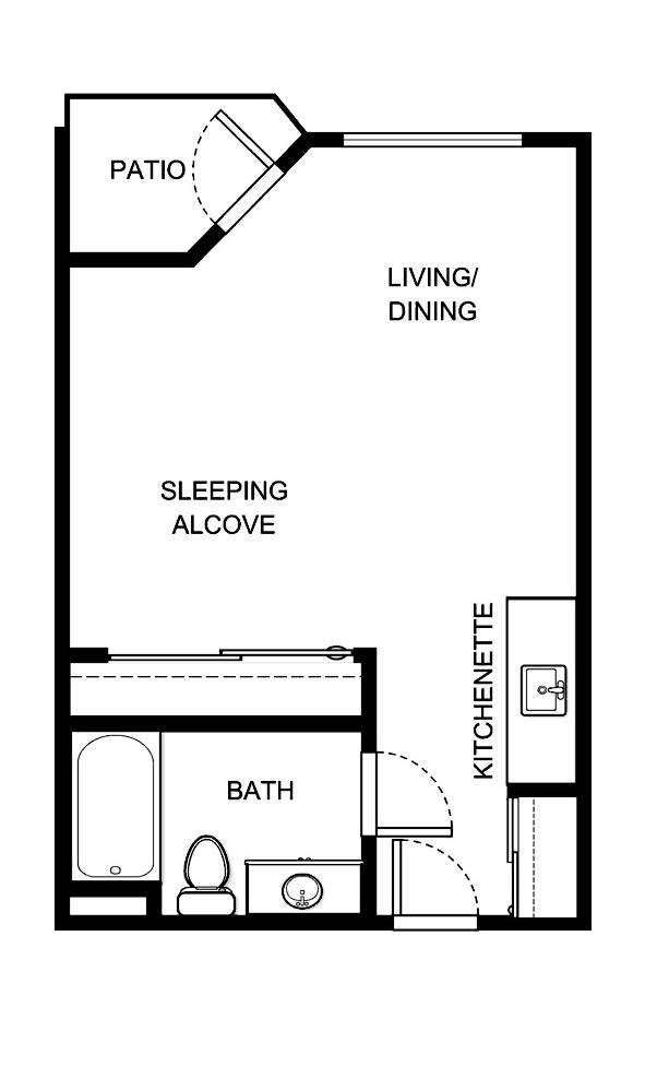 This inviting layout features a cozy living space, kitchenette, and serene patio