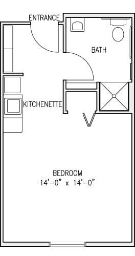 Stone Creek Floor Plans include a bedroom, kitchenette and bathroom