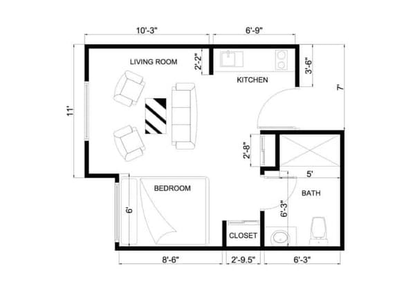 Studio 288 sq ft Floorplan