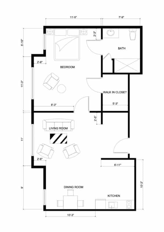 Deluxe One Bedroom 588 sq ft Floorplan