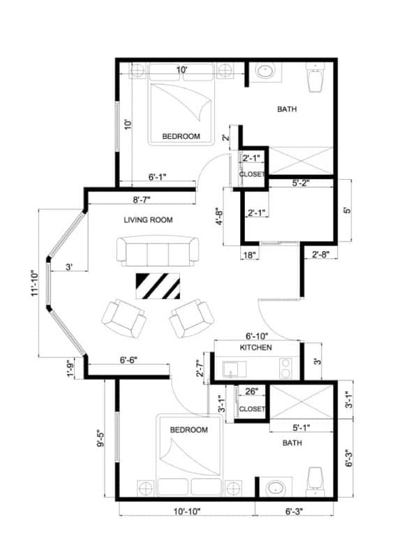 Two Bedroom 575 sq ft Floorplan