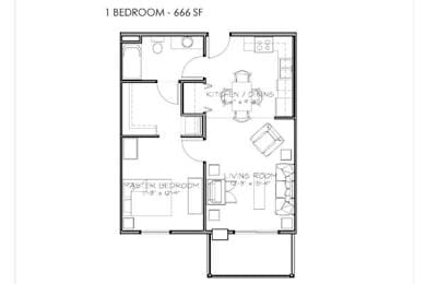 A floor plan of a one bedroom apartment with 666 square feet.
