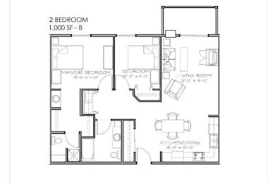 A floor plan of a 2 bedroom apartment.