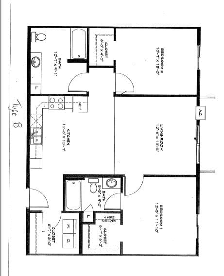 A floor plan of a Type 8 apartment with a kitchen, living room, and two bedrooms