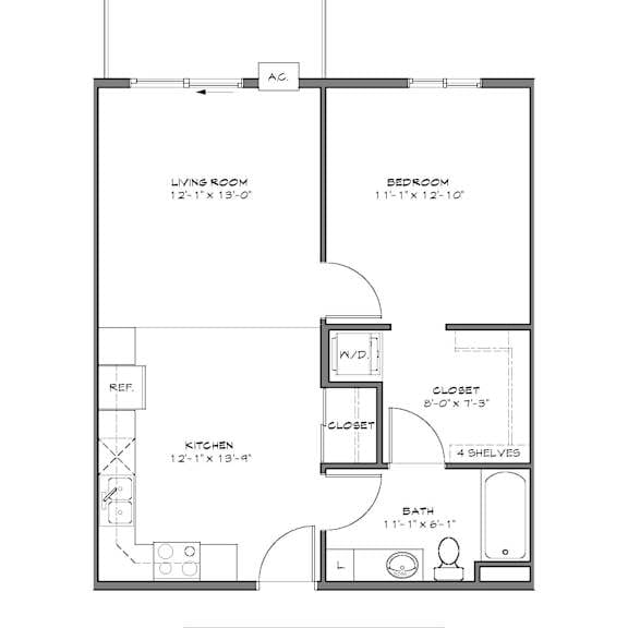 a floor plan of a one bedroom apartment with a living room, bedroom, kitchen, an