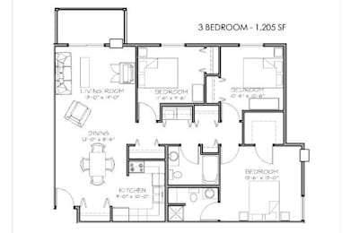 A floor plan of a 3 bedroom apartment with a living room, dining room, kitchen a