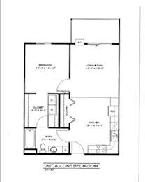 A floor plan of a one bedroom apartment with a living room, bedroom, kitchen and