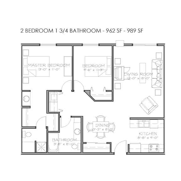 a floor plan of a 2 bedroom 1 3/4 bathroom apartment.