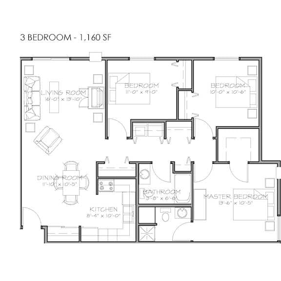 a floor plan of a 3 bedroom, 1,160 square foot home.