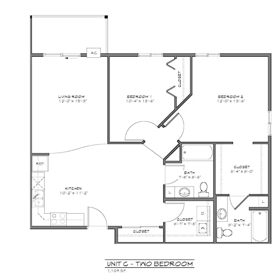 a floor plan of a bedroom unit with a living room, kitchen, and bathroom.