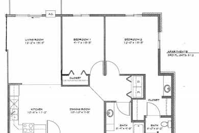 A floor plan of a two bedroom apartment with a living room, dining room, kitchen