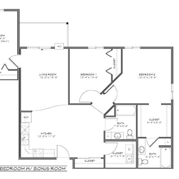 a black and white image of a floor plan for a two bedroom apartment with a bonus
