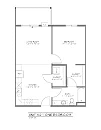 A floor plan of a one bedroom apartment with a living room, bedroom, and kitchen