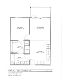 A floor plan of a one bedroom apartment with a living room, kitchen, and bathroo