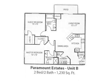 A floor plan for Paramount Estates - Unit B, a 2 Bed/2 Bath property, is shown.