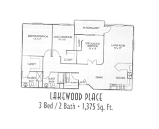 A floor plan for a 3 bedroom, 2 bathroom house.