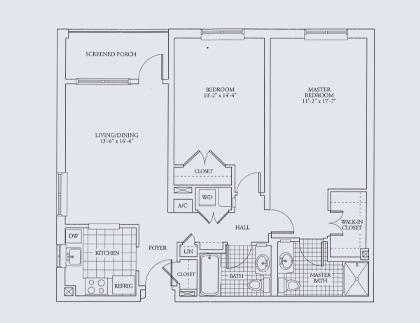 Architectural floor plan of a two-bedroom layout