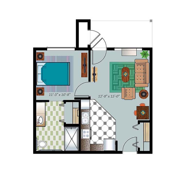 One Bed One Bath 557 Sq. Ft. Retirement Suite