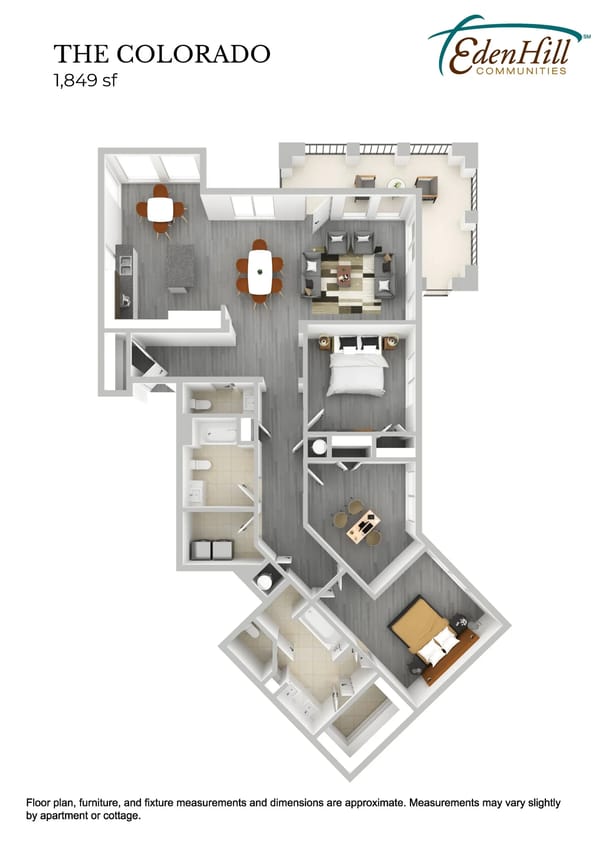 Floor plan of a 1,849 square foot apartment. It features a living room with a so