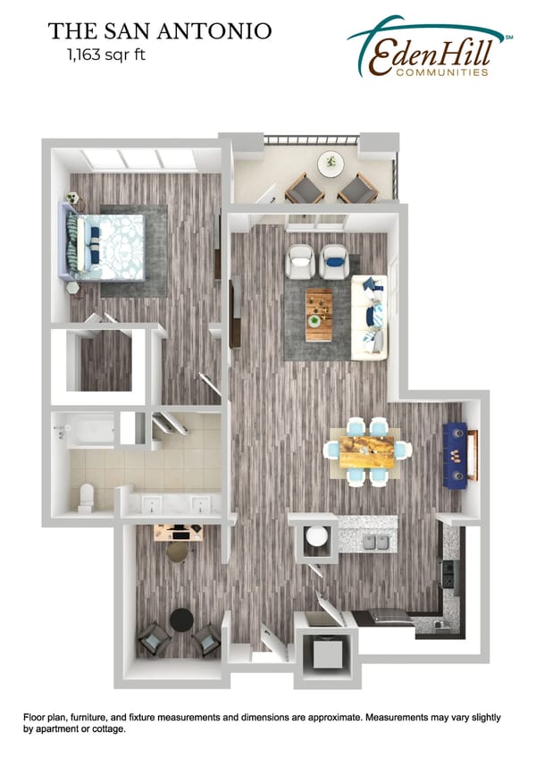 Floor plan of a one-bedroom apartment with a bedroom, bathroom, living room, din
