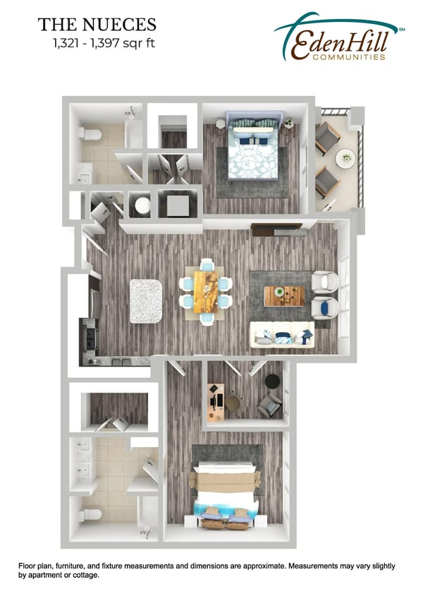 Floor plan of a two-bedroom apartment with a living room, dining area, kitchen, 