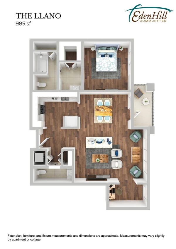 Floor plan of an apartment called The Llano at Eden Hill Communities, featuring 