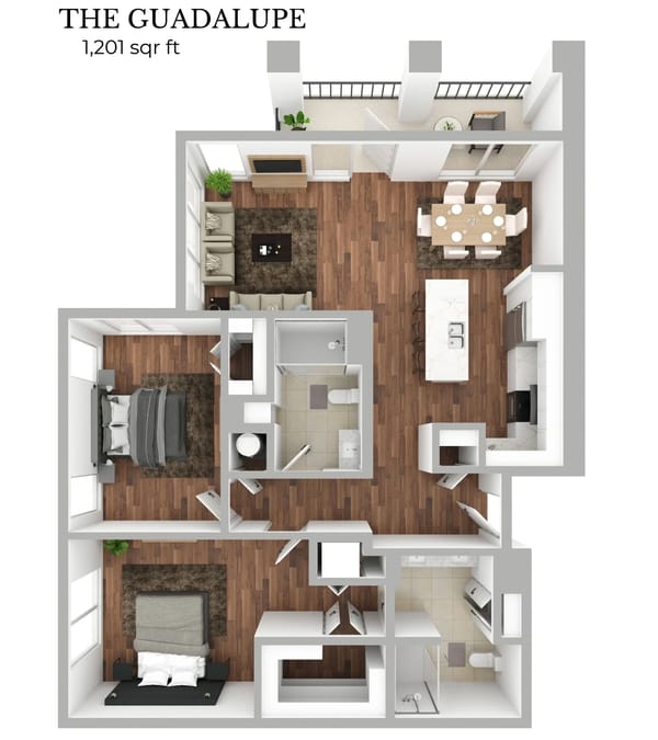 A 3D floor plan of The Guadalupe apartment layout with 1,201 square feet, showin