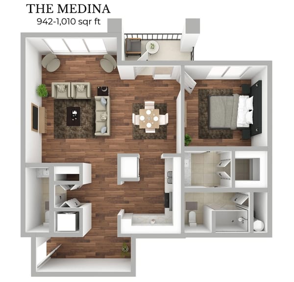 Floor plan of an apartment called The Medina, covering 942 to 1,010 square feet,